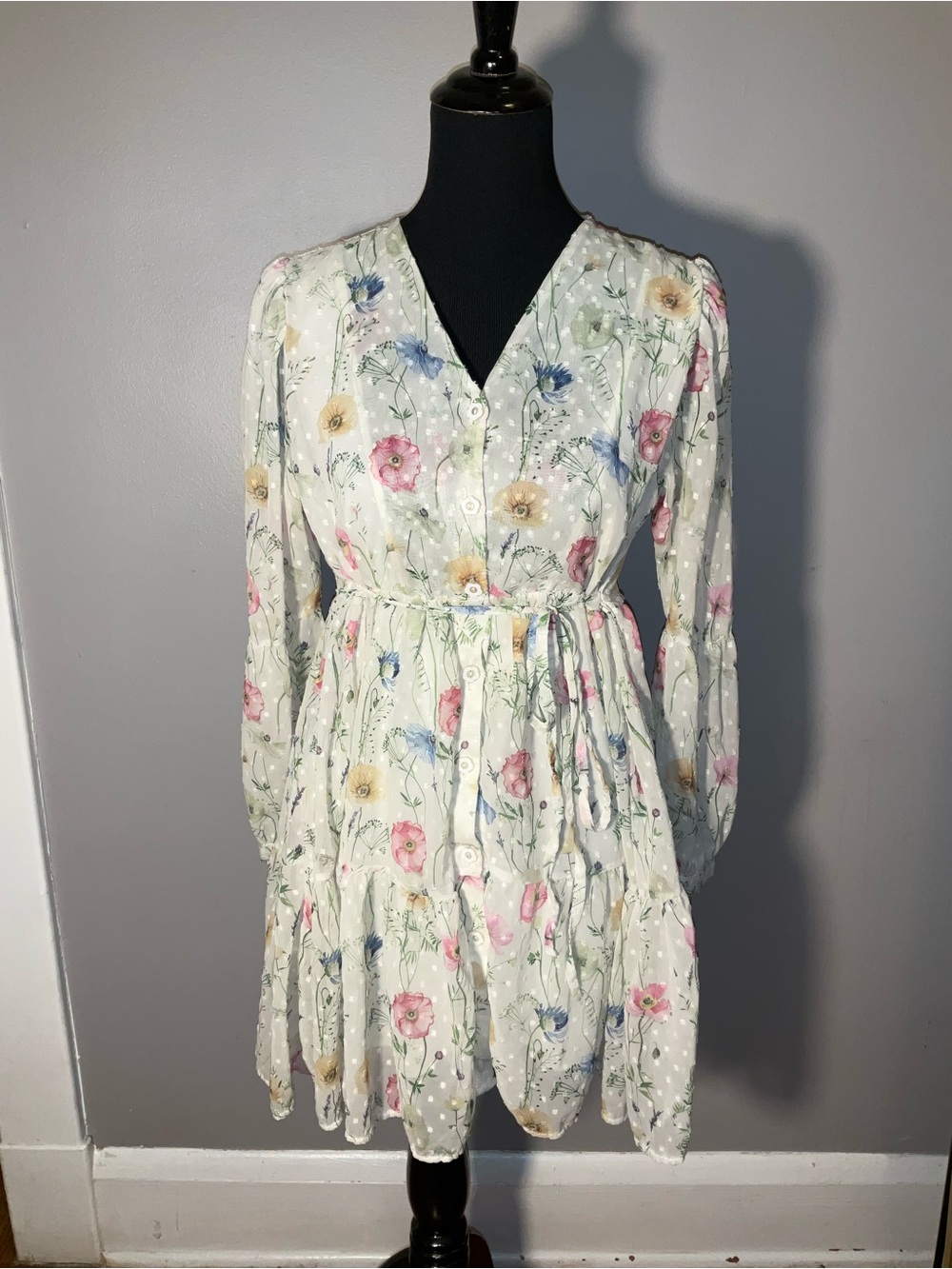 Floral Tie-Waist Long Sleeve Dress - White with Pastel Flowers